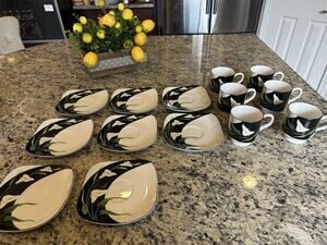 Set Of six Sango Quadrille Black Lilies Ceramic coffee mugs And Saucers